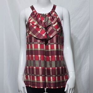 Banana Republic Red & Gray Plaid Ruffle Halter Top Size Medium